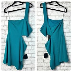 Lulus Dress Slice of Style One Shoulder Cut Out Mini Asymmetrical Teal Green XL
